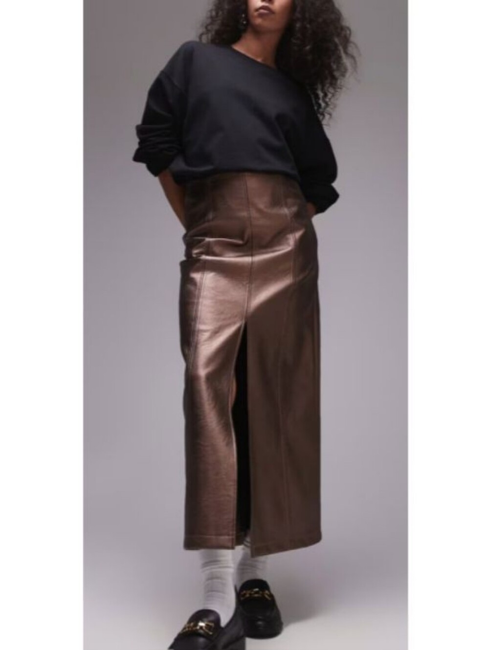 NWT Topshop High-Waist Metallic Bronce Faux Leather Midi Skirt with Front Slit